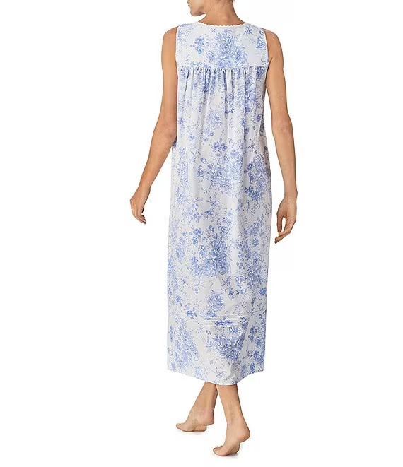 NWT Eileen West White/PERIWINKLE BLUE Floral 50″ Sleeveless Cotton Nightgown S