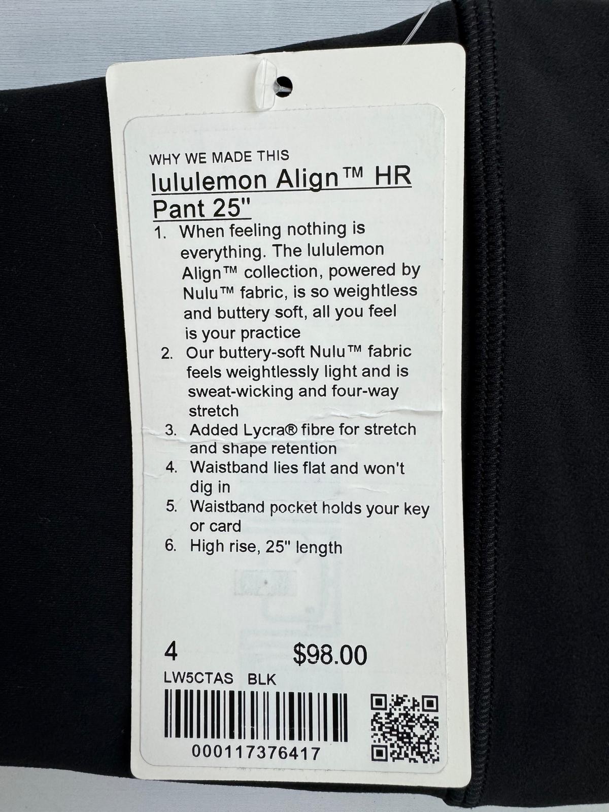 NWT Align™ High-Rise Pant 25″ Black Size 4. lululemon