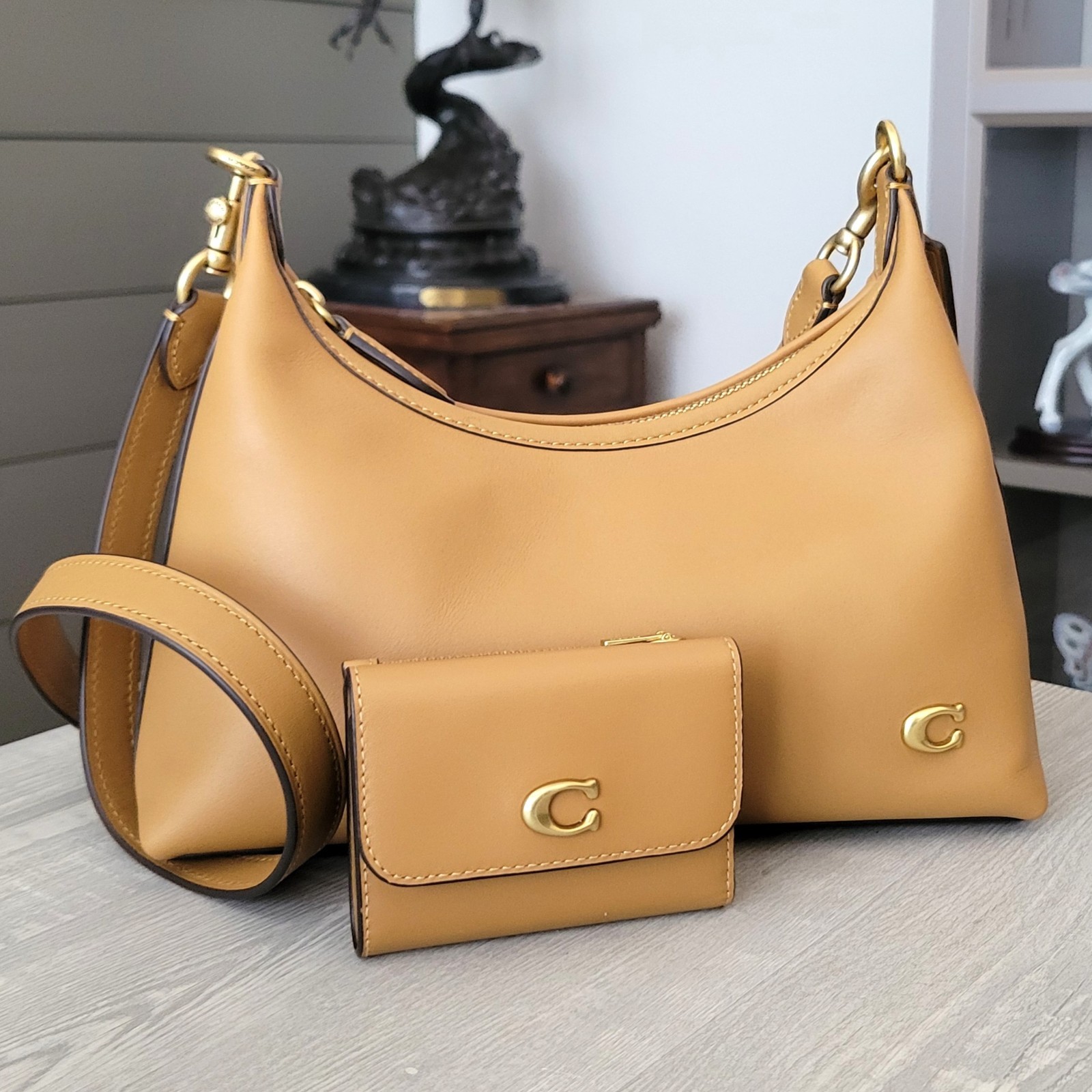 Lot of 2 Coach Juliet Shoulder Crossbody Bag 25 Honey Brown Leather + Wallet NEW