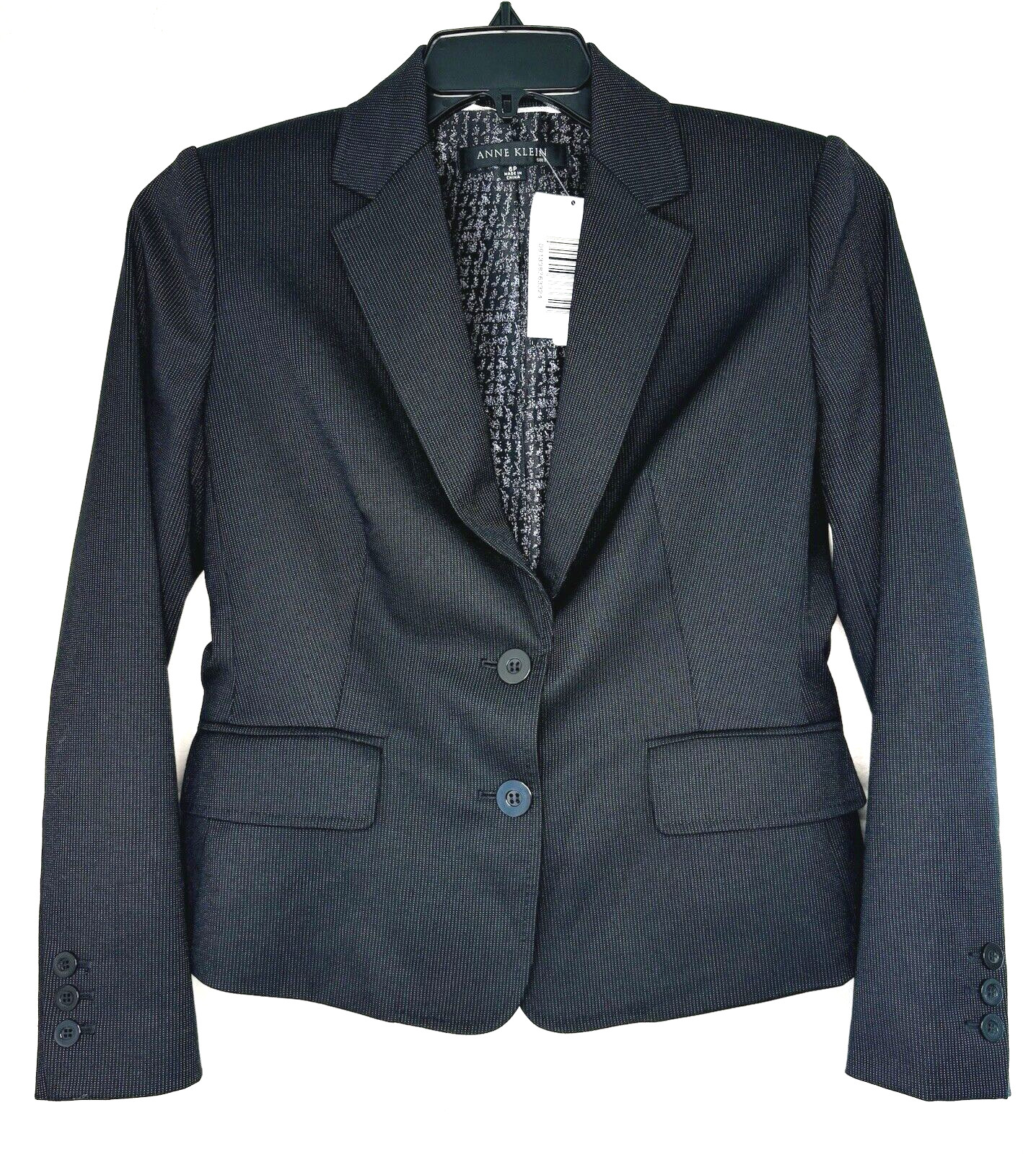 Anne Klein Womens Blazer Size 6 Jacket Button Pinstripe Black Wool Blend Petite