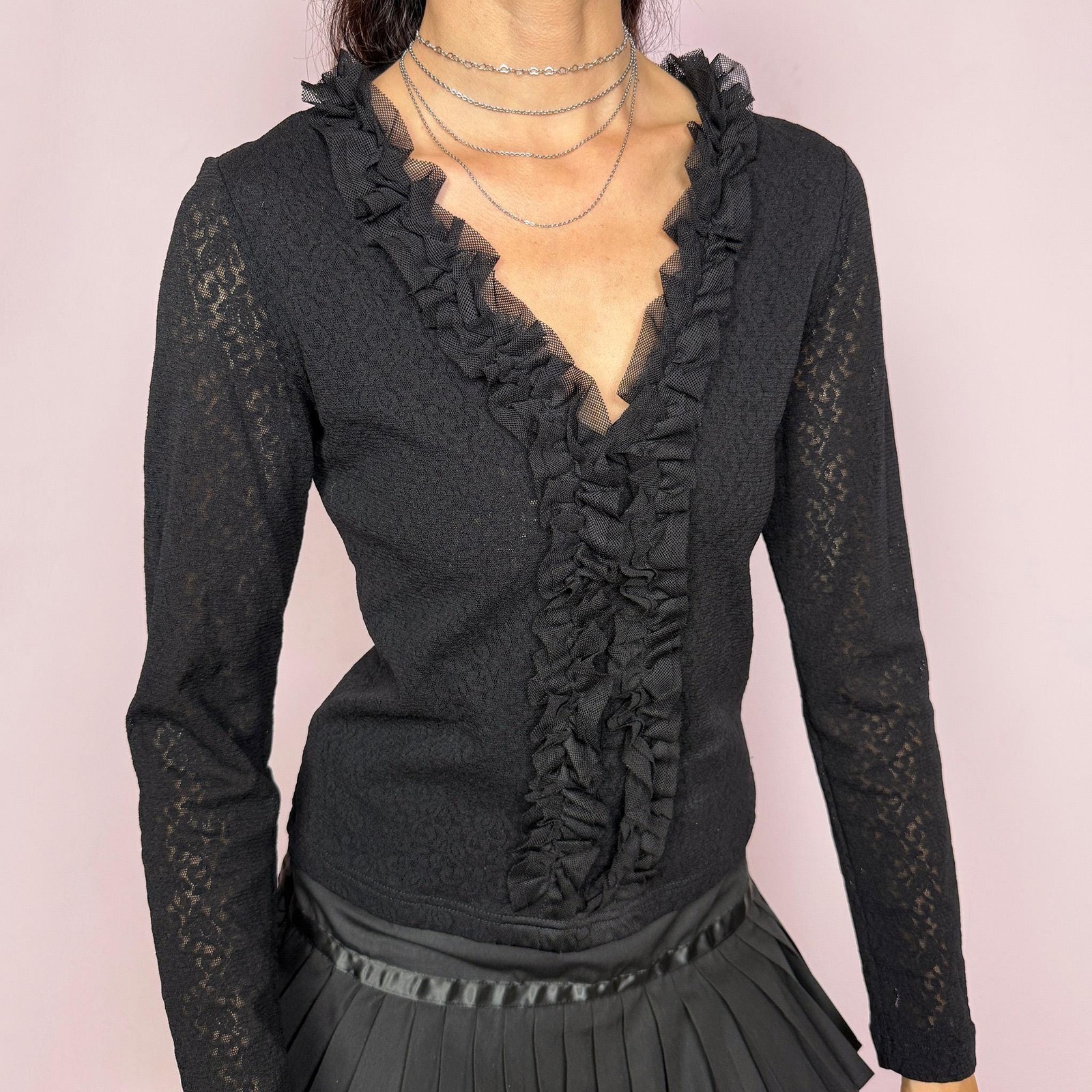 Vintage Black Lace Ruffle Top Mesh Victorian Goth 90s Y2K Size M