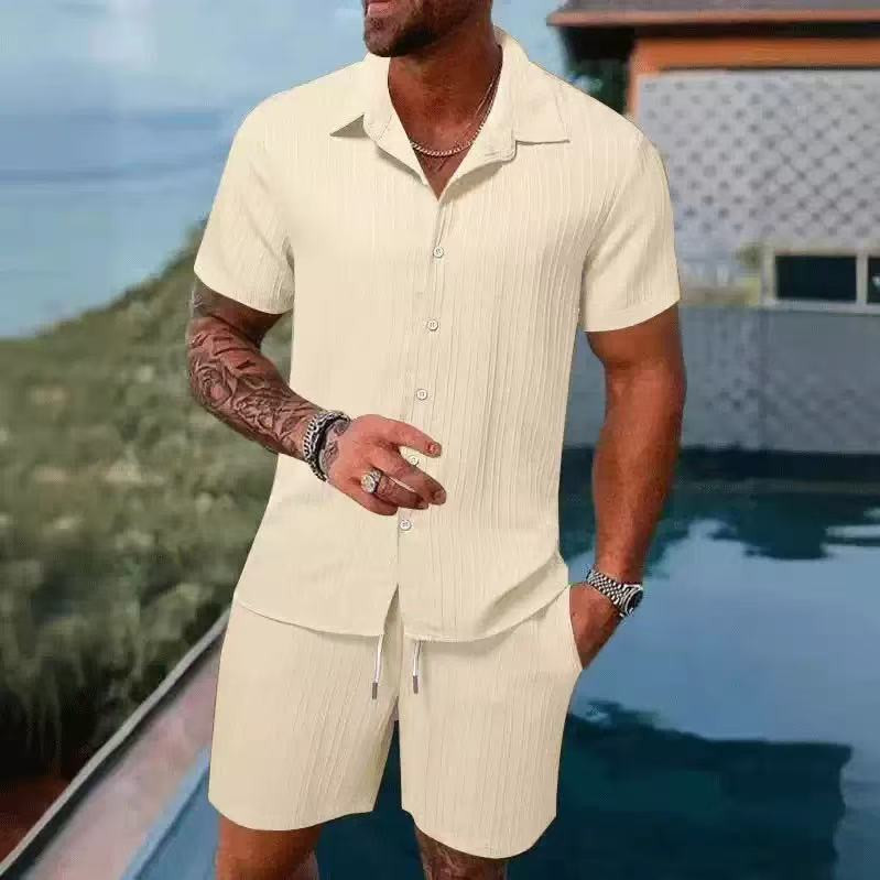 2 Set Men Grandad Set Short Sleeve Button Shirt Shorts Suit Tops+Shorts Casual