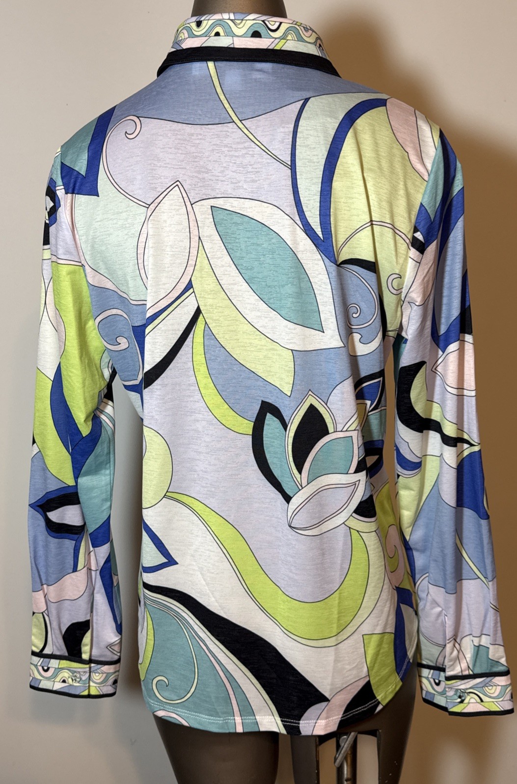 Jean Pierre Klifa Paris M Medium Floral Top Blue Green Stretch Tropical Resort