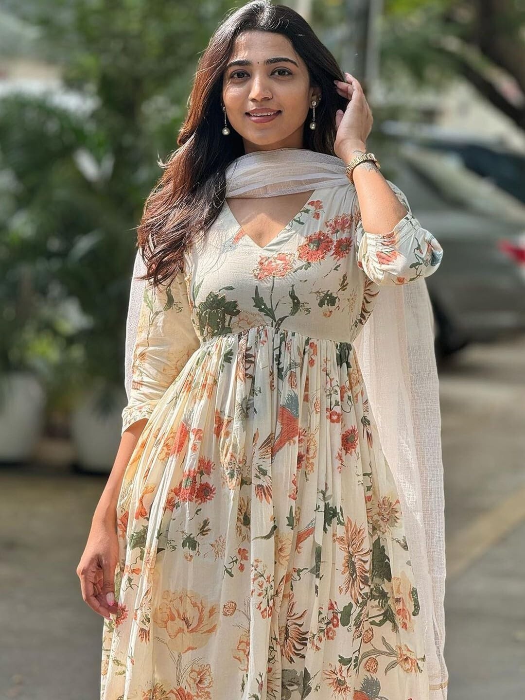 Women’s Rayon Blend Printed Anarkali Kurta with Pant & Dupatta