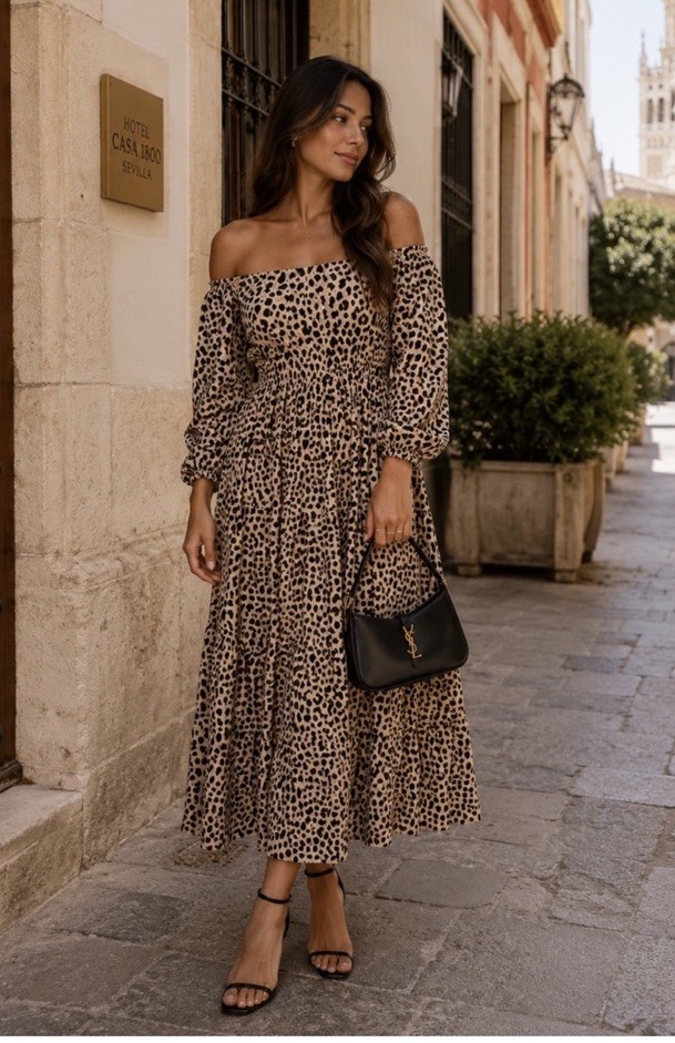 Womens S Beige Black Leopard Midi Dress Off Shoulder Smocked Long Puff Sleeve