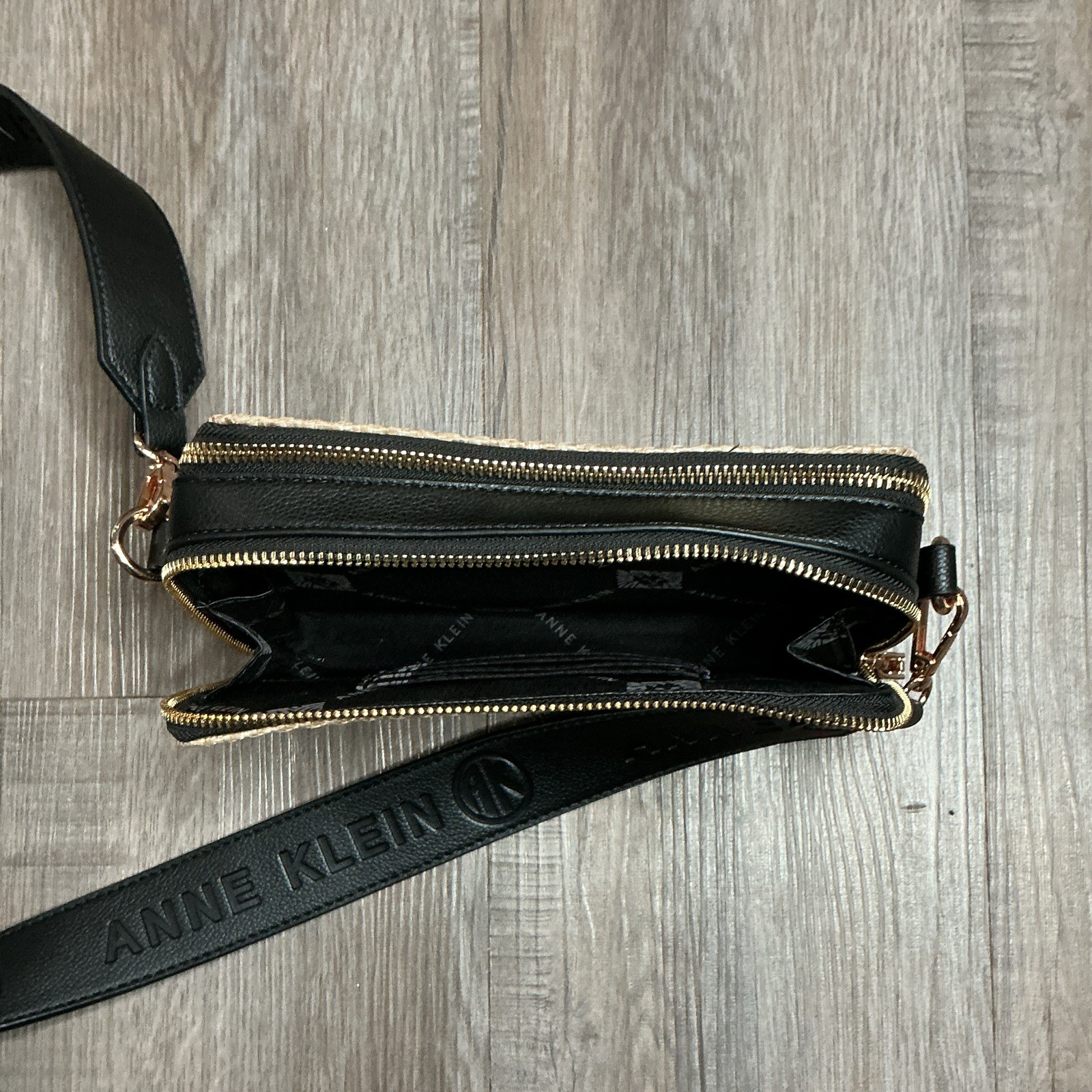 Anne Klein Woven Black/Beige Crossbody Bag Double Zip, Detachable Strap