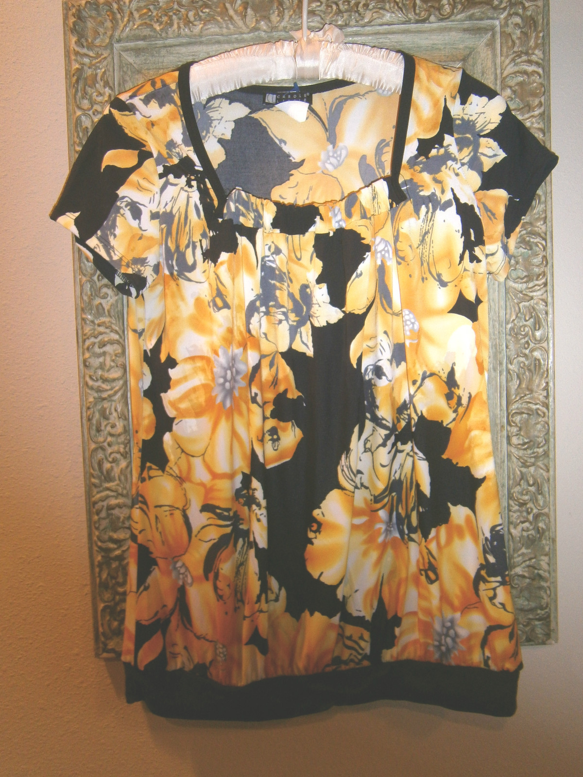 CAROLE LITTLE Black & Yellow TROPICAL Travelers KNIT TOP~Blouson style~Small
