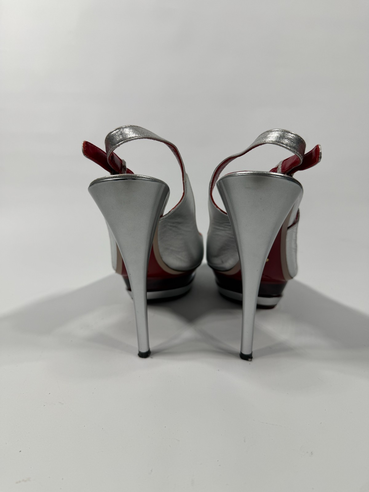 Cesare Paciotti Silver Leather Platform Slingback Heels Shoe 37.5 Dagger Buckle