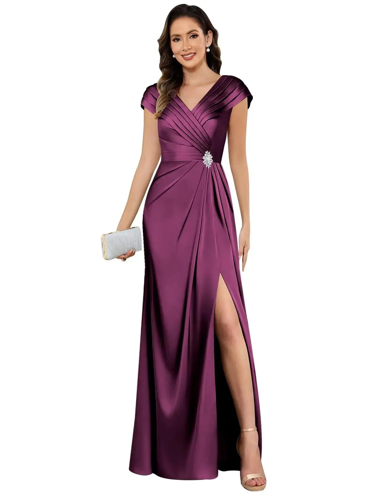 Customized Satin Mother of The Bride Dresses with Slit VNeck Beaded Formal Dress