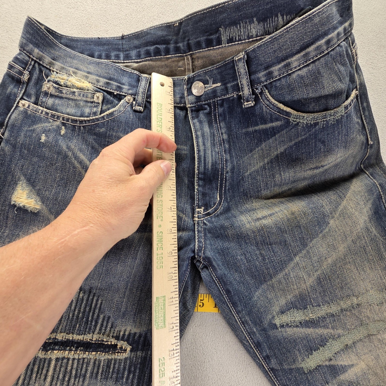 Selvedge Jeans Mens Blue Thrashed Patchwork Whiskers Honeycomb Fits 33×31