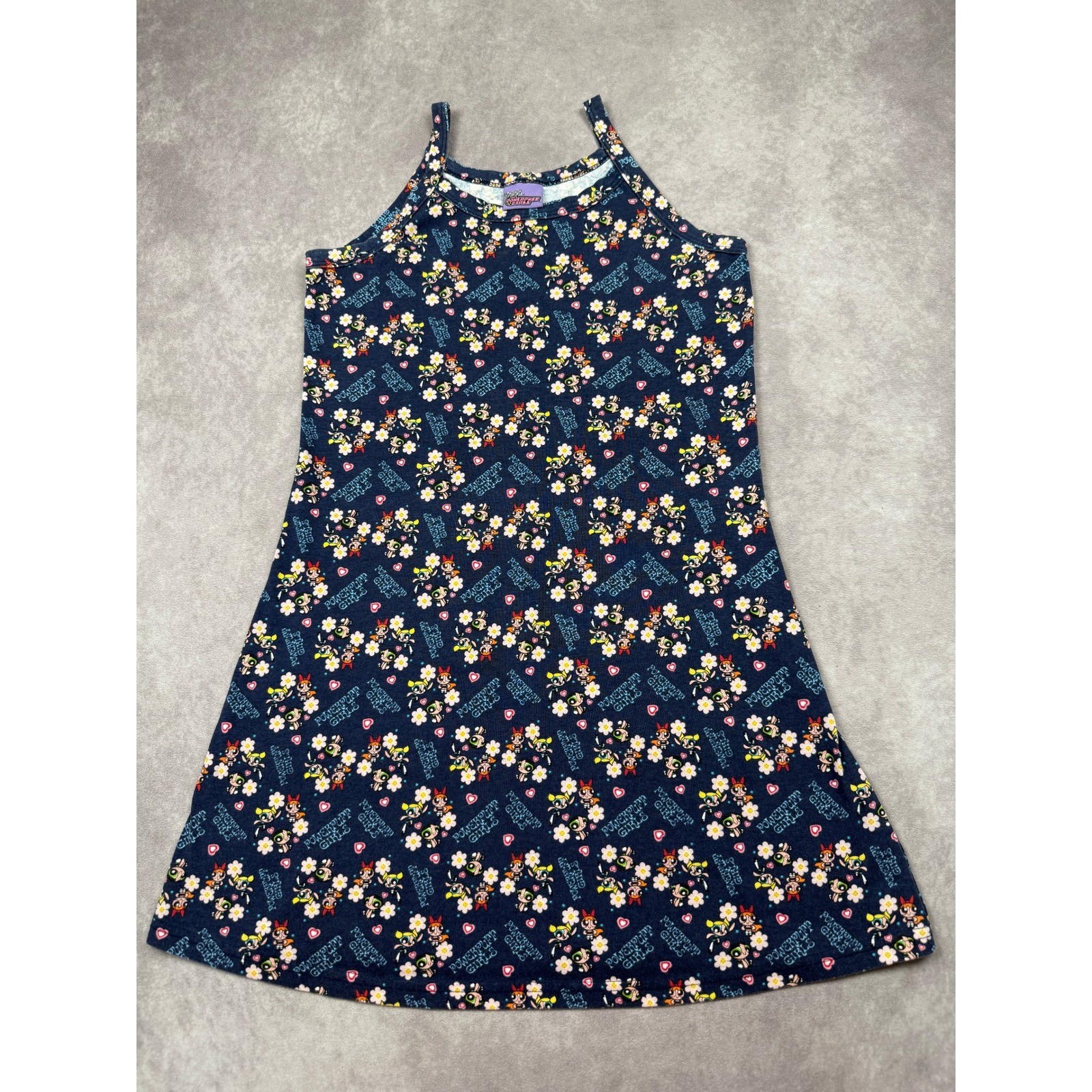 VTG Y2K The Powerpuff Girls Cartoon Network Kids L Dress Navy Blue Floral 2000s