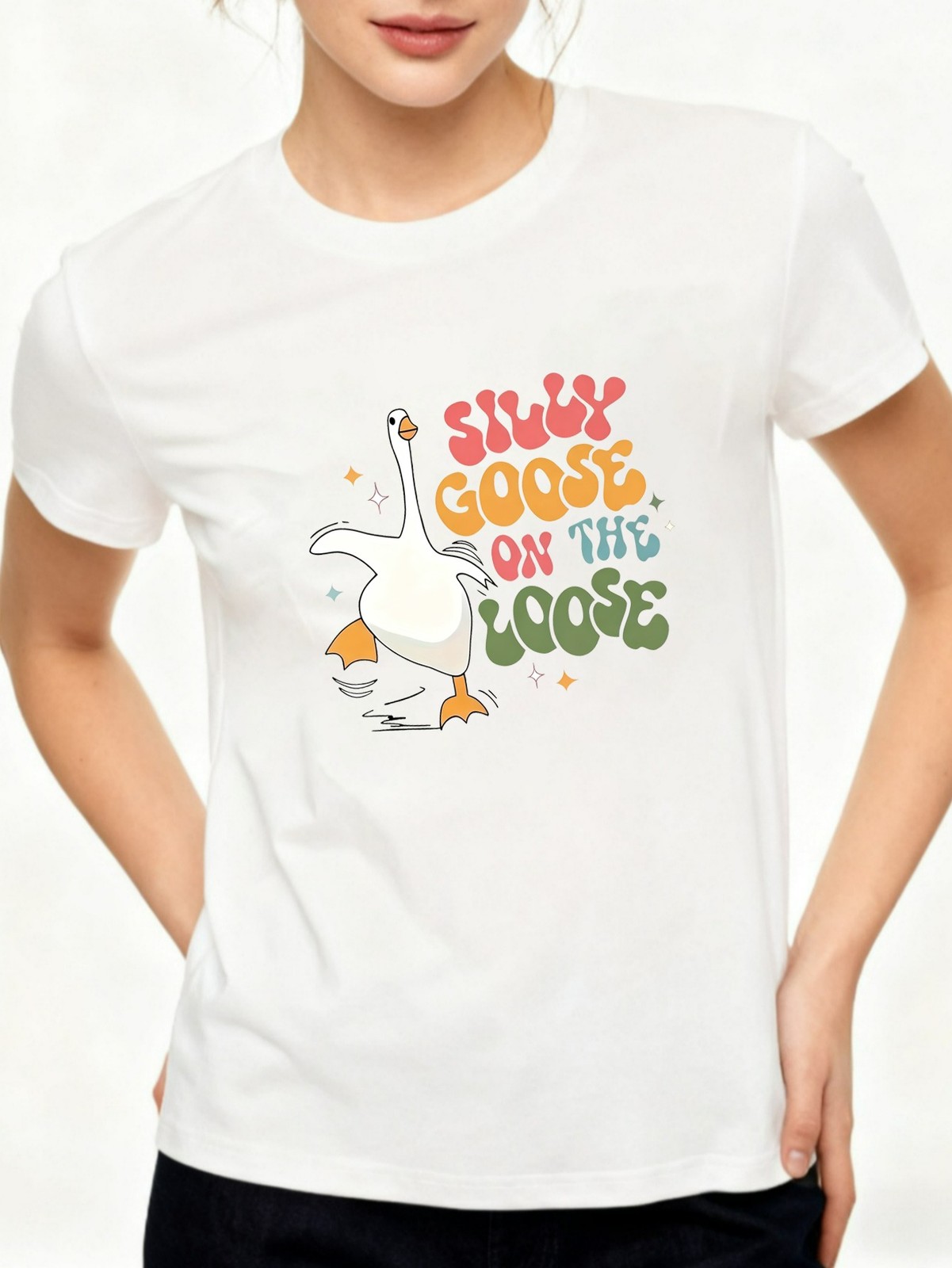 “Silly Goose On The Loose” Graphic Tee W Playful Casual Daily Soft T-shirt Top
