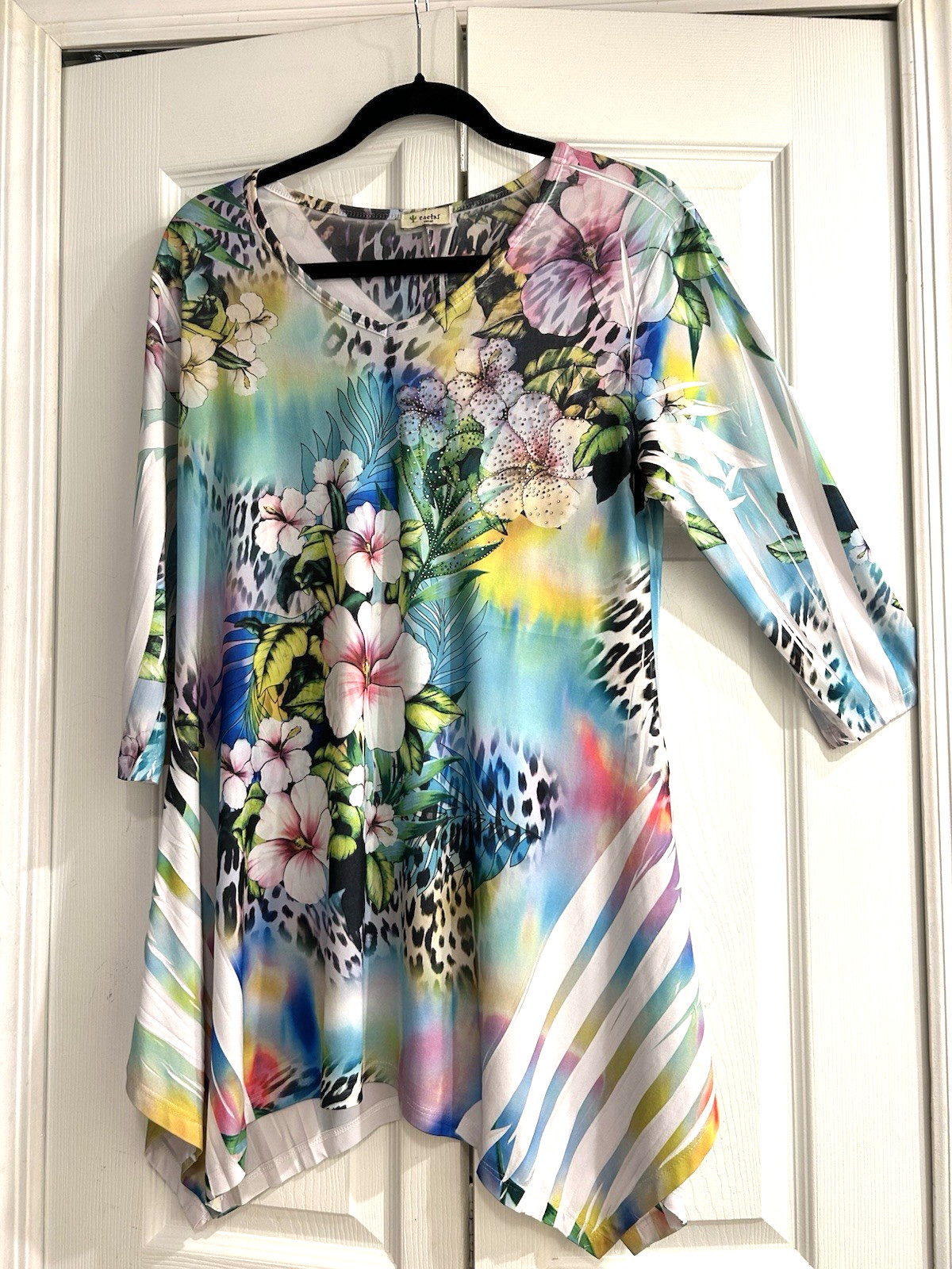 Cactus Tropical Orchids Tunic Top~Embellished~Traveler knit~38 bust~Asymmetric~S