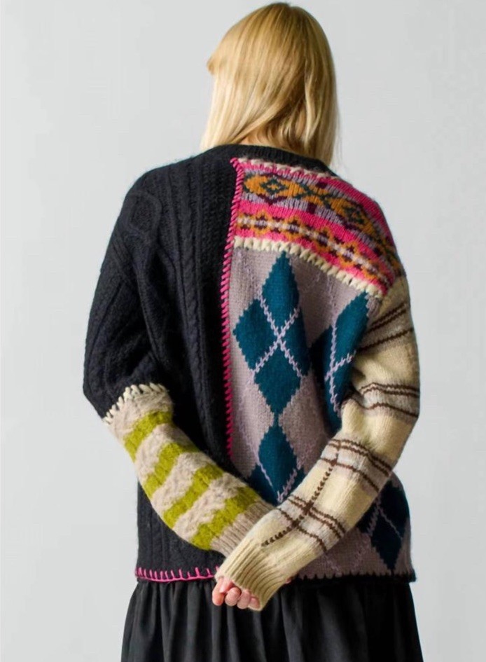 Lingua Franca Hutton Patchwork Crewneck Baby Alpaca Sweater Size XS