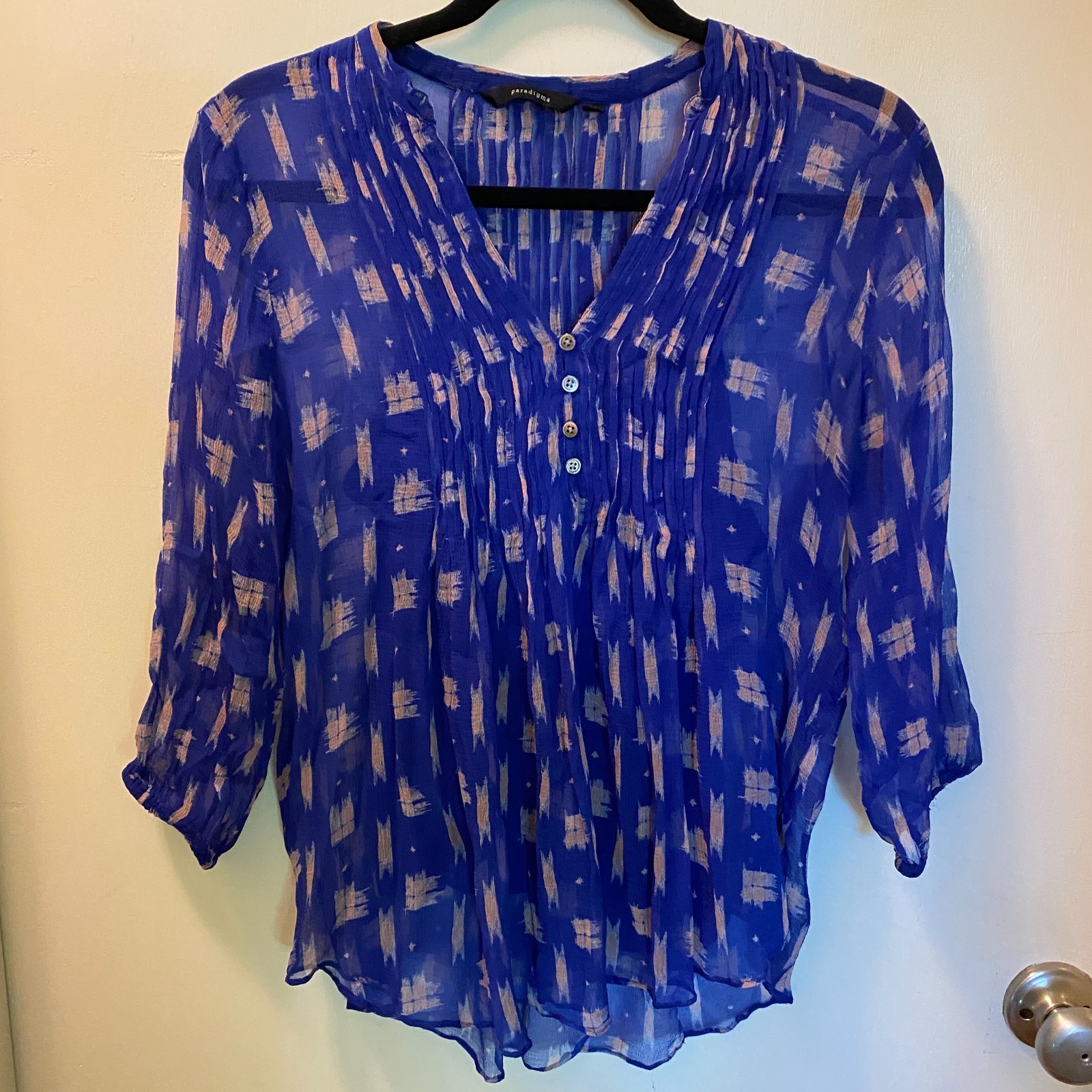 Paradigma Sheer Blue Blouse Small Silk Look Ikat Print Tunic Top w/ Cami