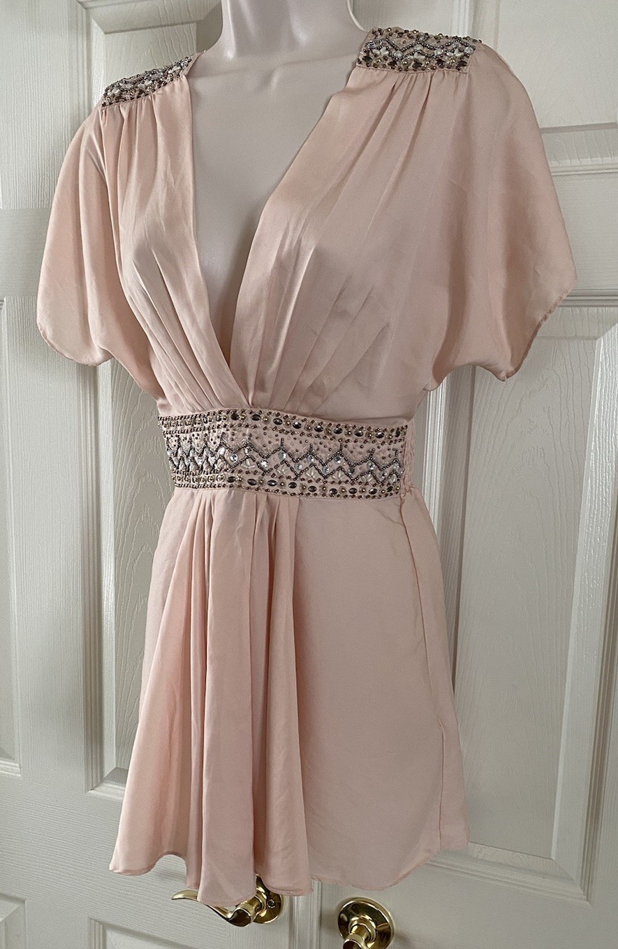 Forever 21 Peach Beaded Romantic Ethereal Babydoll V-Neck Top Short Sleeve ~ S