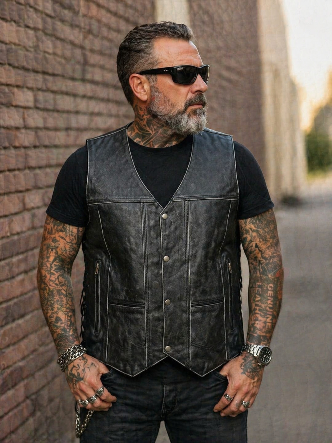 ARD CHAMPS™ Men’s Grey Genuine Leather 10 Pockets Motorcycle Biker Vest