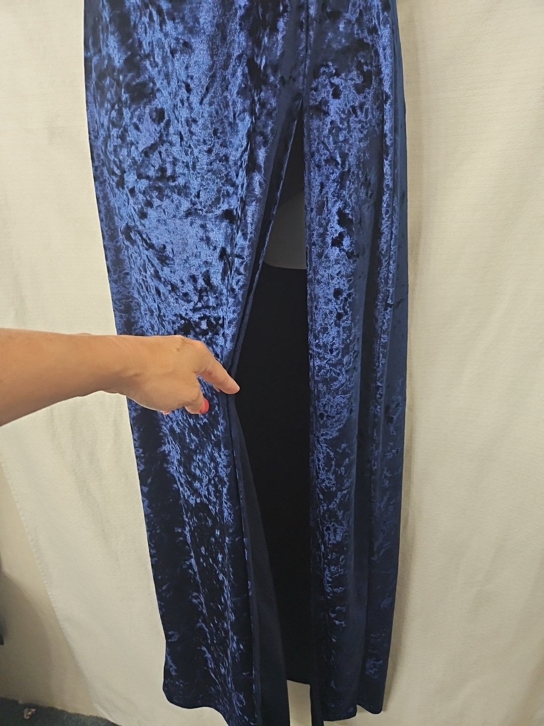 Womens Sz Lg Blue Crushed Velevet Maxi Dress High Slit Spaghetti Strap Stretch