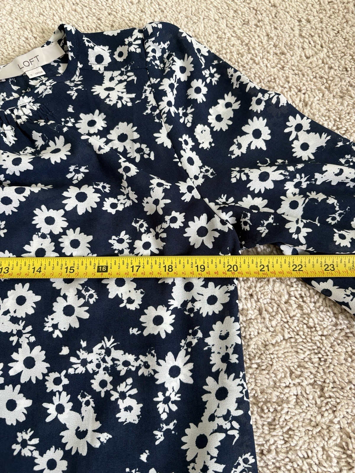 LOFT Small Navy and White Floral Long-Sleeve Blouse