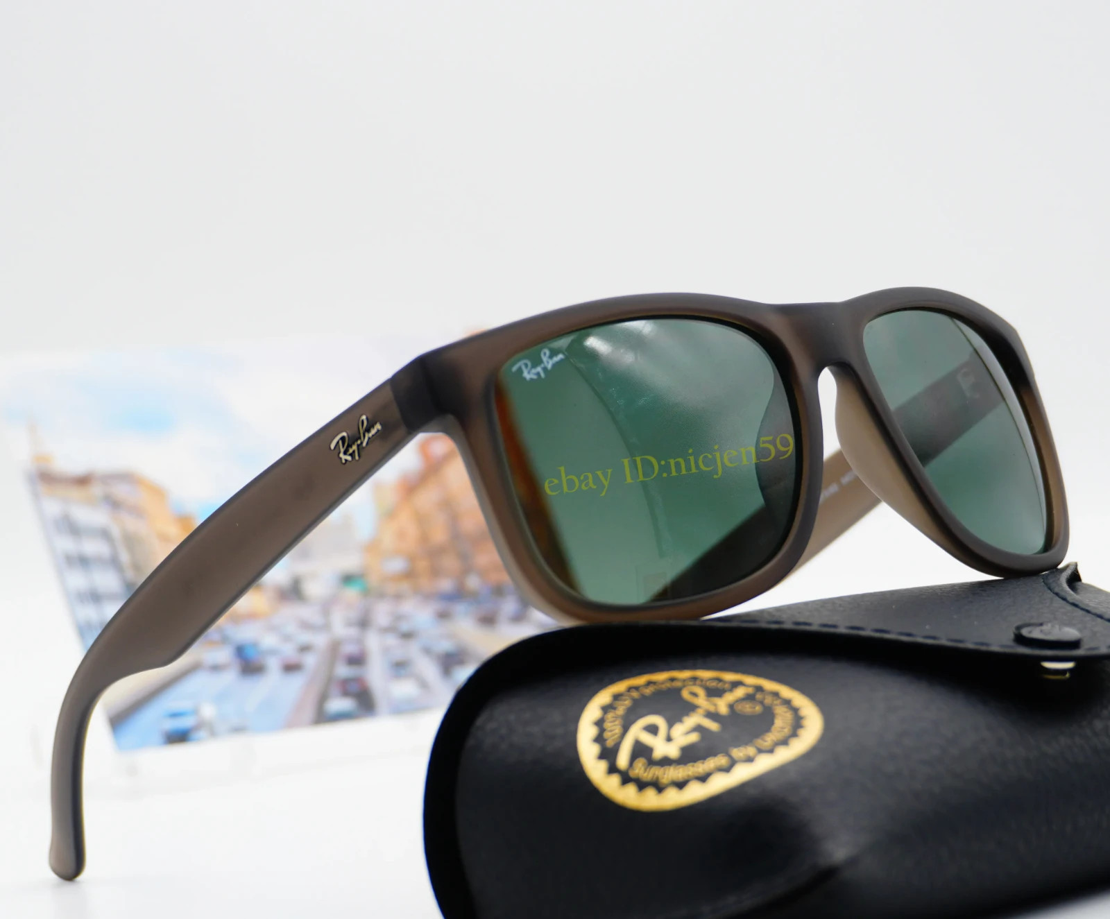 Ray-Ban Justin RB4165 Matte Opal Grey Green Lens Nylon Frame Sunglasses 54mm Men
