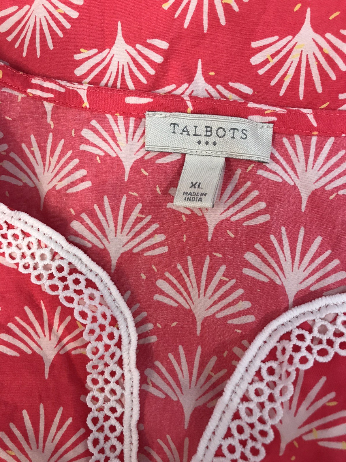 Talbots XL Top Low V Cut Pink White Print Shirt Soft 3/4 Slv Blouse Tunic
