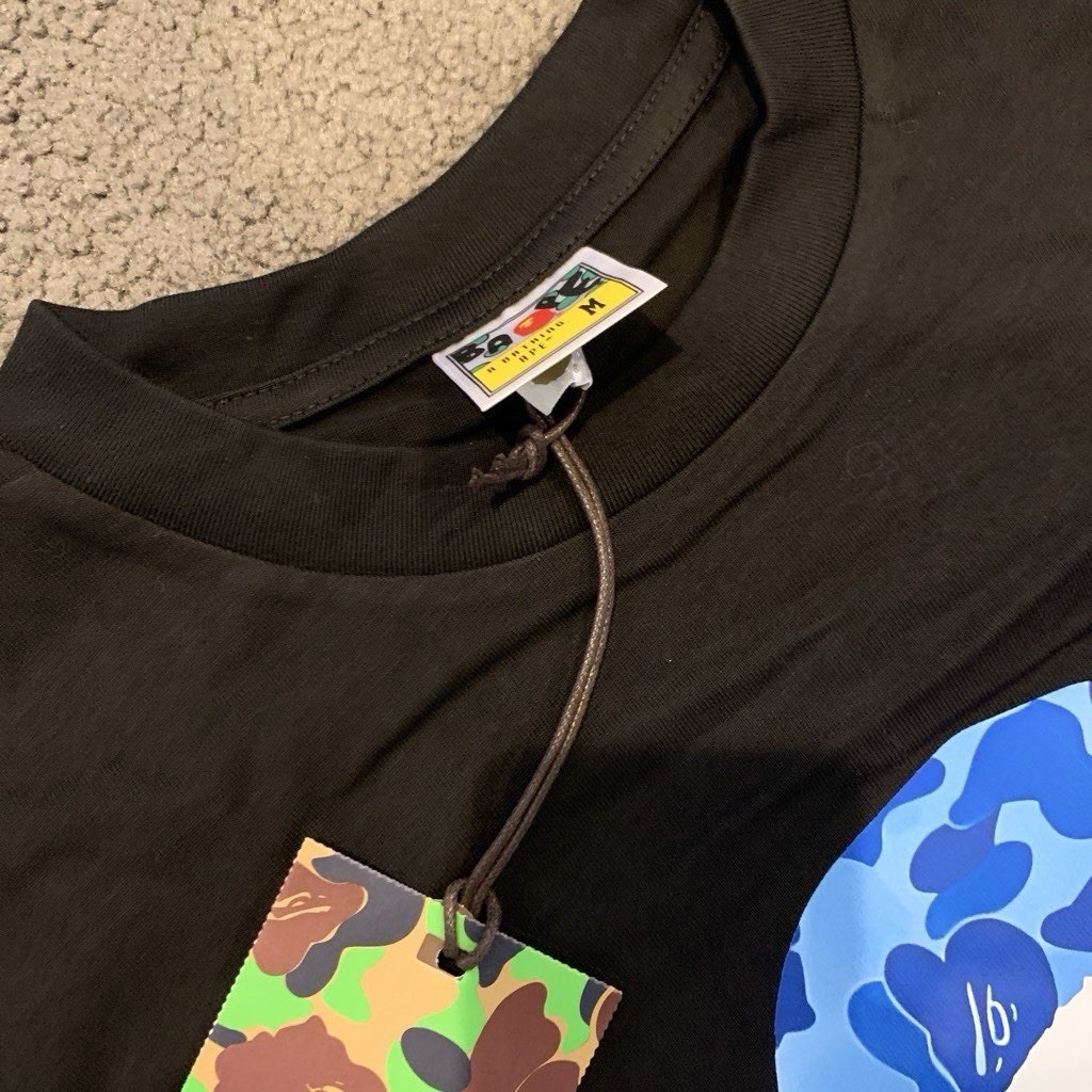 BAPE black tee with blue and pink ape head