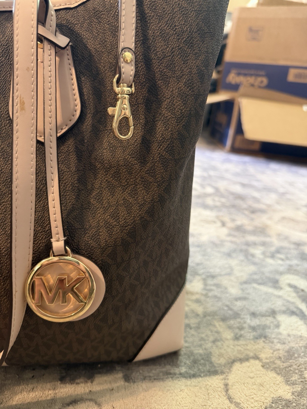 Michael Kors Signature MK Monogram Large Tote Brown/Beige w Pouch & Charm