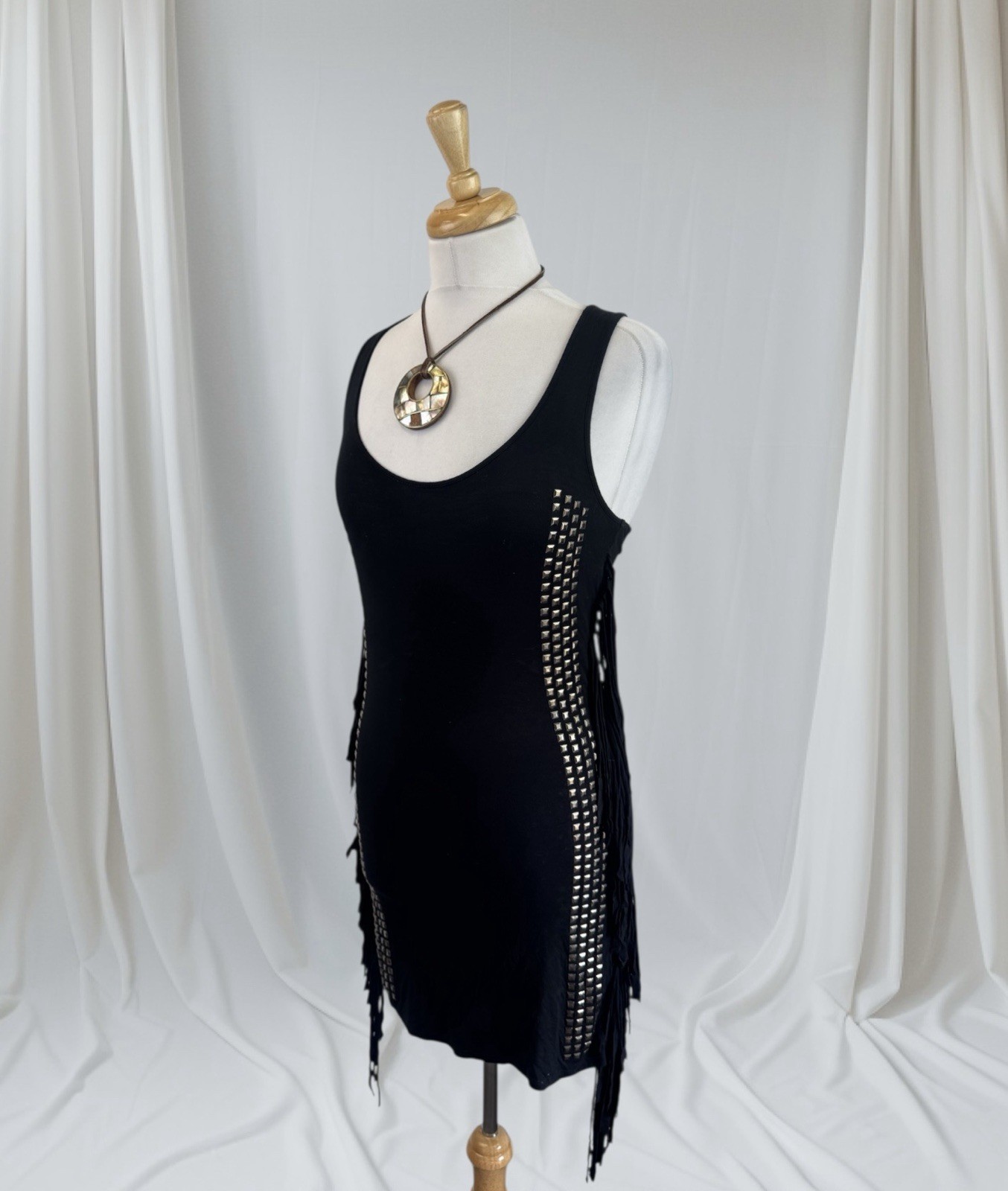 Y2K Black Studded Fringe Tunic Top Dress Boho Goth Grunge Punk Western Edgy S