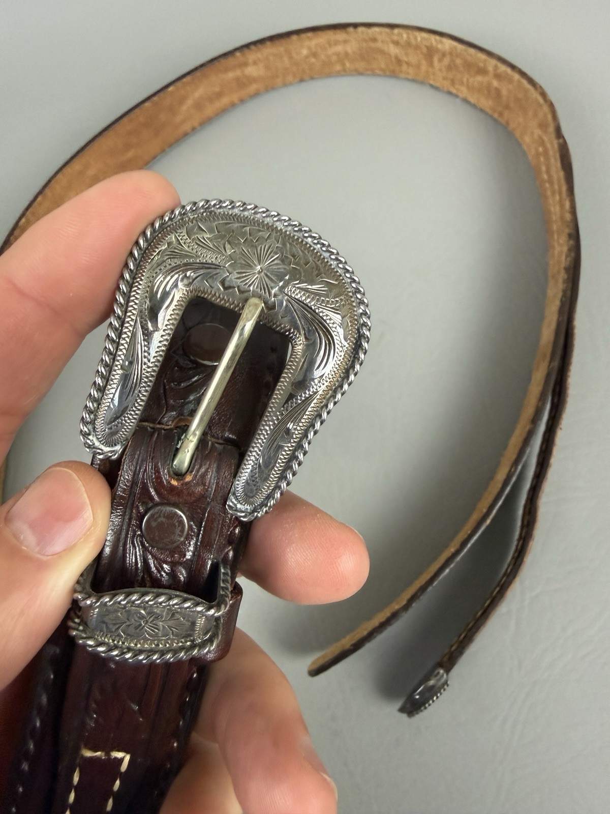 VOGT 3 Piece Sterling Silver .925 Buckle Tex Tan Leather Belt Size 36