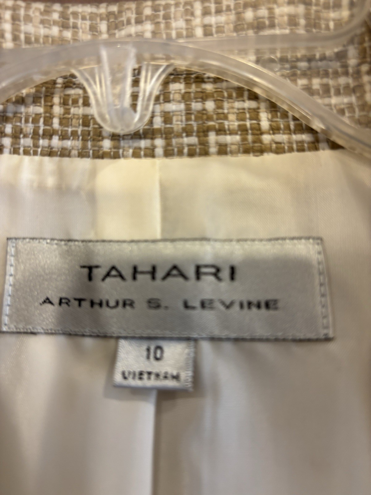Tahari Arthur S Levine Sz 10 Pant Suit Tan Ivory Tweed Blazer 2 Pc Set Wide Leg