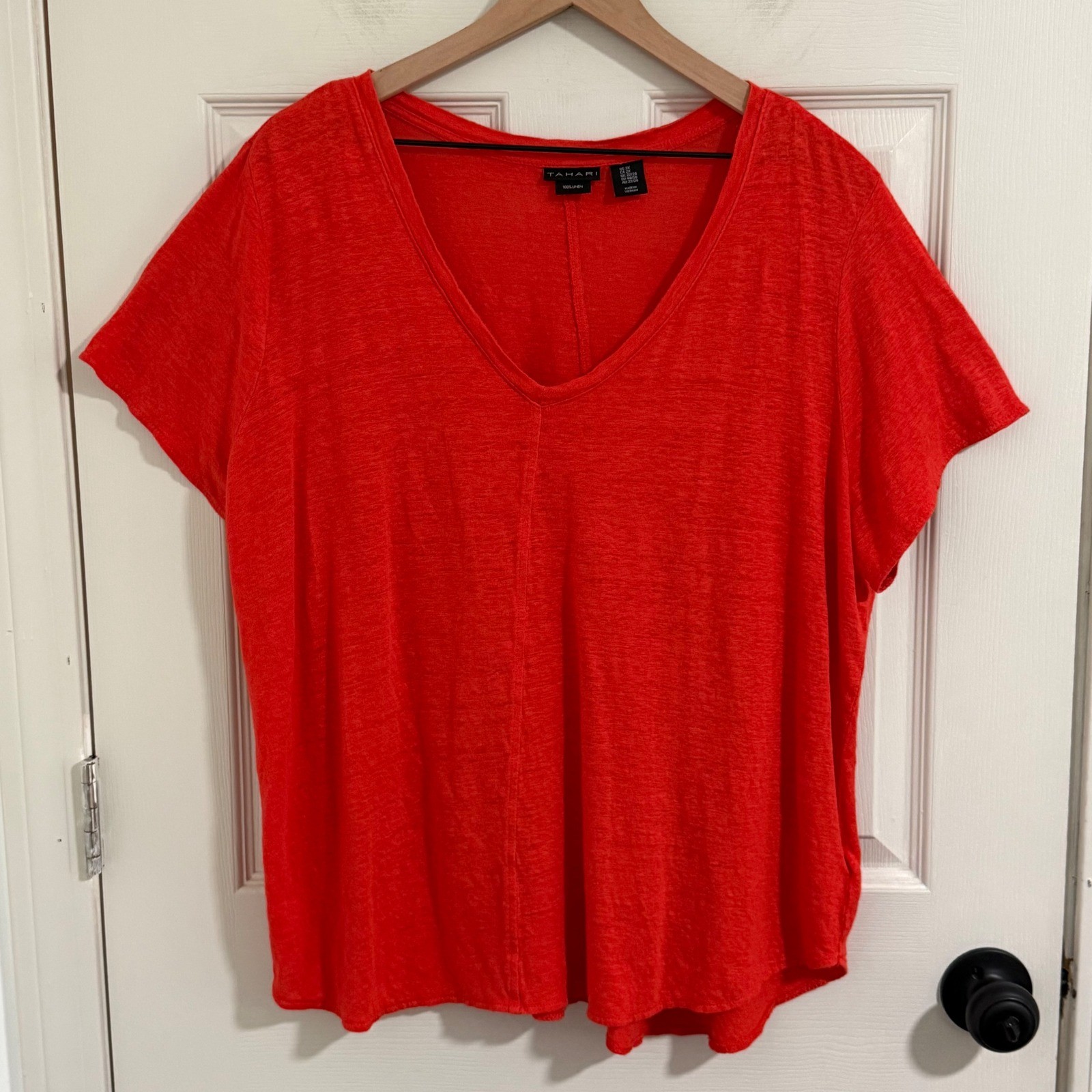 Tahari 100% Linen Top Womens 2X Red Orange V Neck Lightweight Relaxed Coastal