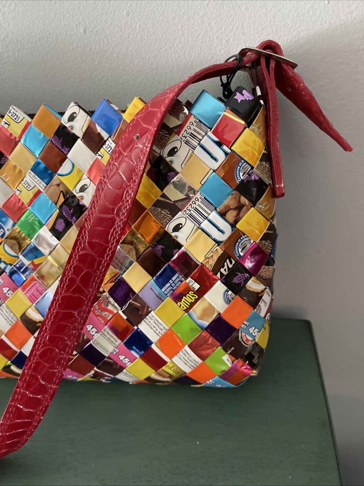 Nahui Ollin Multi Colored Woven Candy Wrapper Purse Bag Tote Zipper 13.5×7.5”