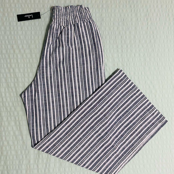 NWT Lulus Blue And White Striped Cotton Linen Wide-leg Pants – Size M