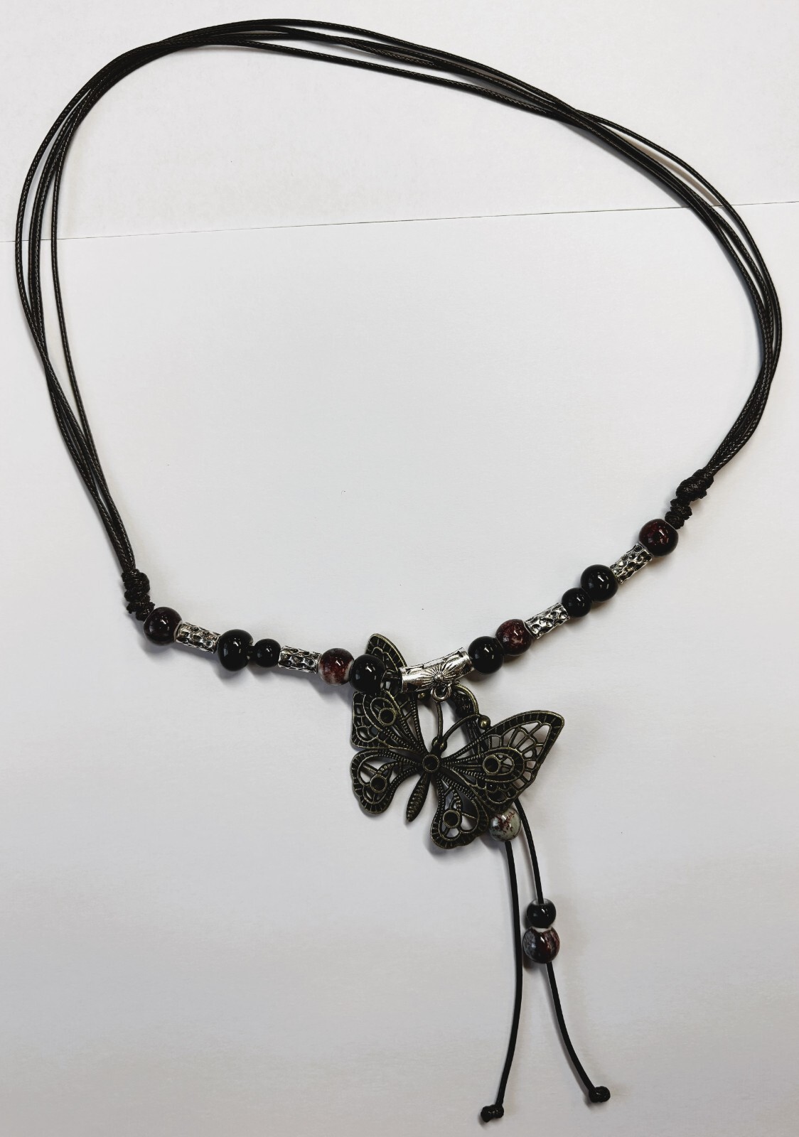 Black White Bead Silver Butterfly Pendant Charm Blessing Vintage Necklace
