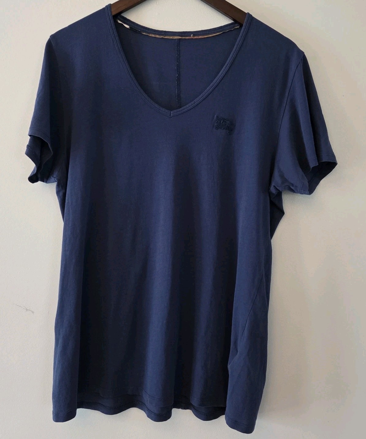 Burberry Navy Blue Short-Sleeve V-Neck T-Shirt With Embroidered Logo Size L