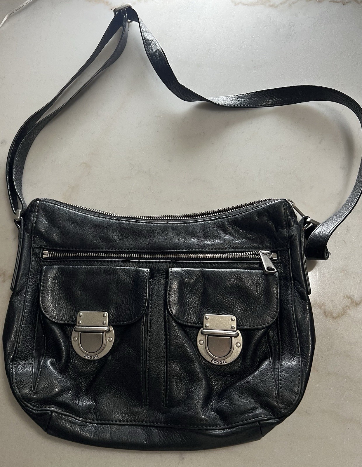 Fossil Purse Riley Genuine Leather Black Push Lock Cross Body Shoulder Bag