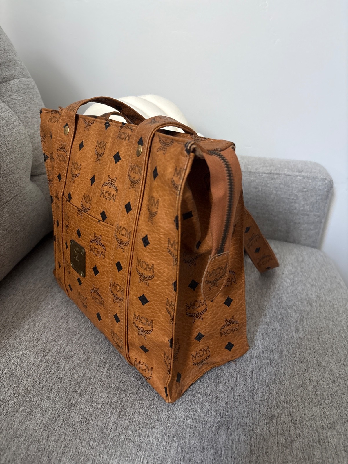 MCM Visetos Cognac Tote Bag Shopper Handbag Brown Monogram Vintage