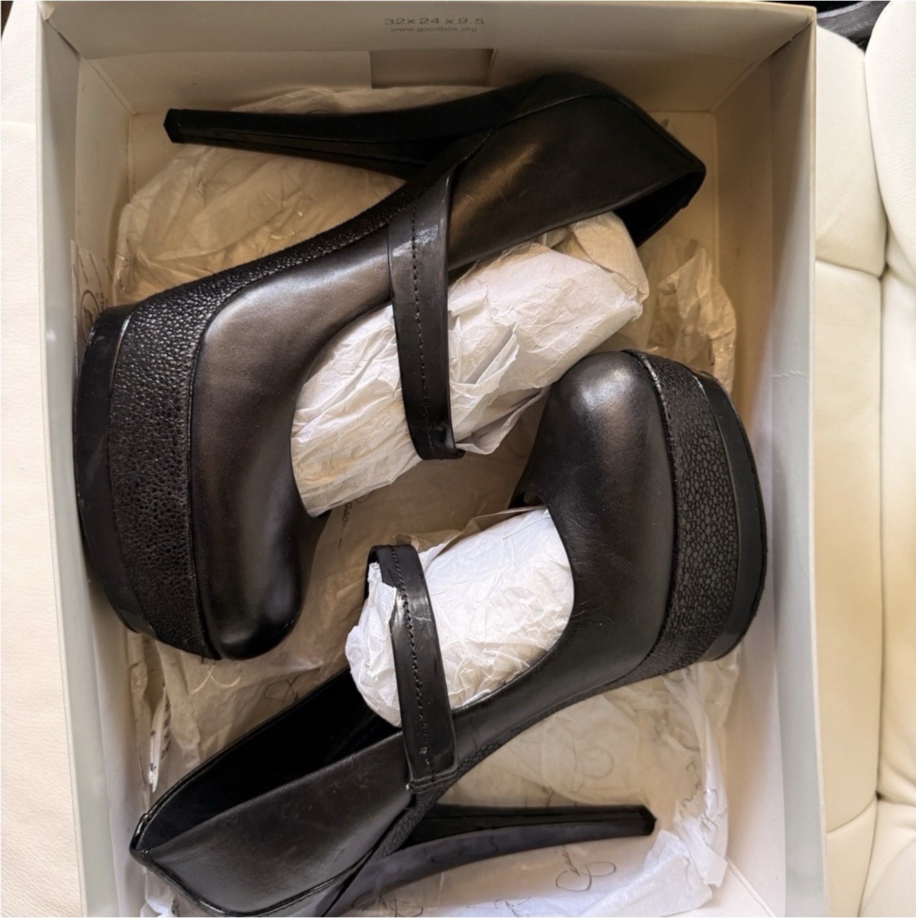 Jessica Simpson Black Leather Platform Mary Jane Heels Straps Round Toe 9.5M