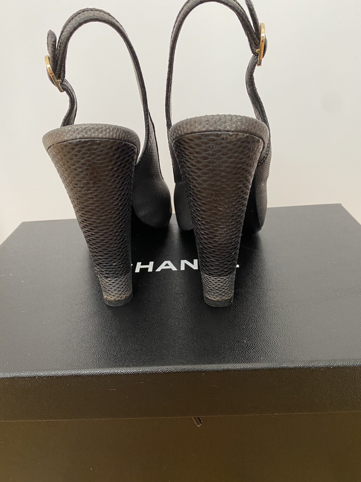 Chanel slingbacks 39.5. Black and Grey, Platform, Heel 12cm