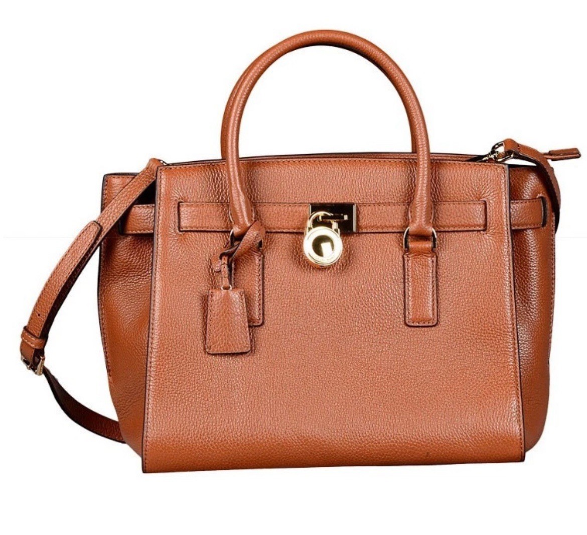 Michael Kors Hamilton Satchel Leather Bag Brown Gold Chain Emblem Excellent Cond