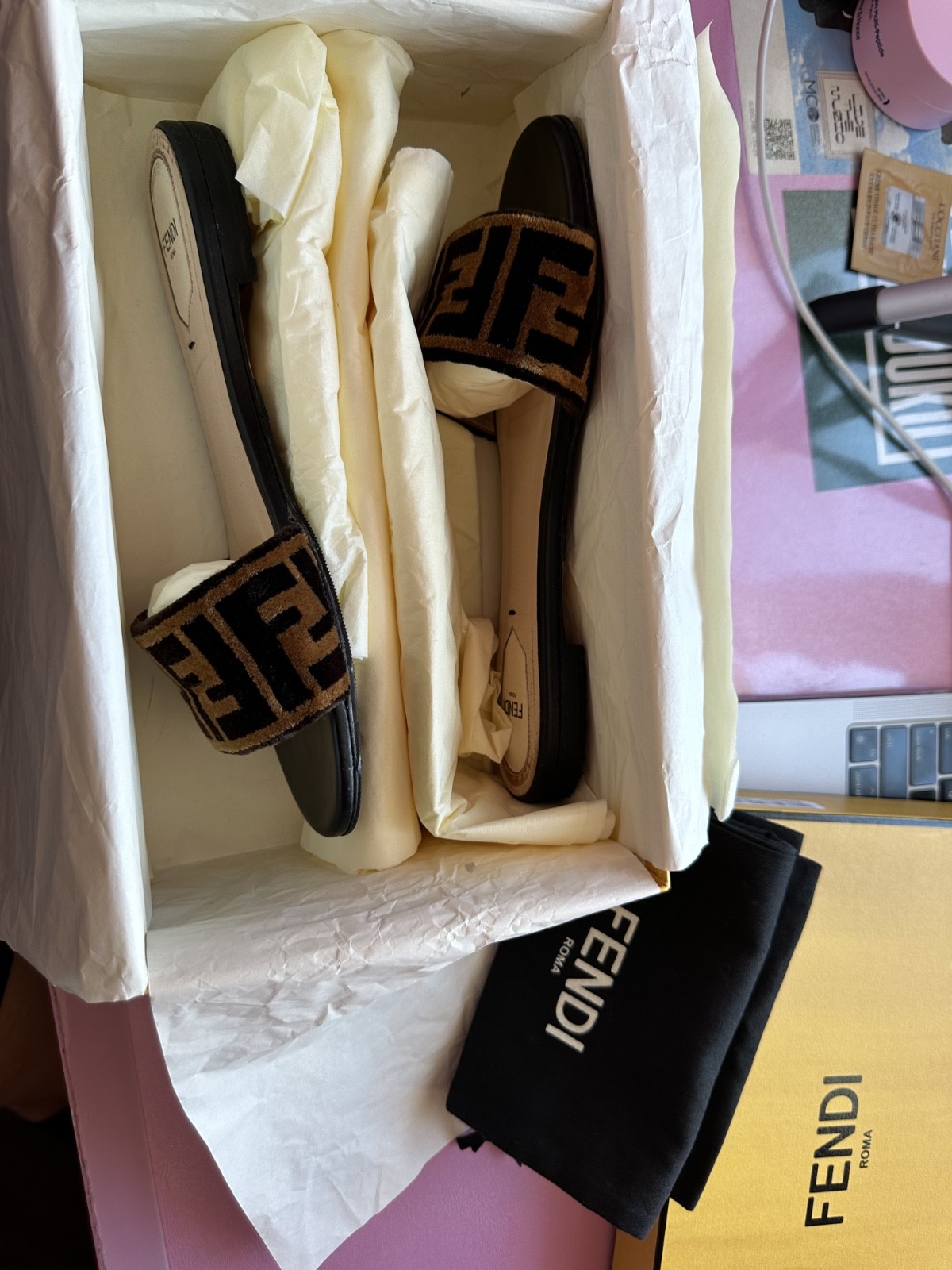 Fendi Velvet FF Slides Size 39
