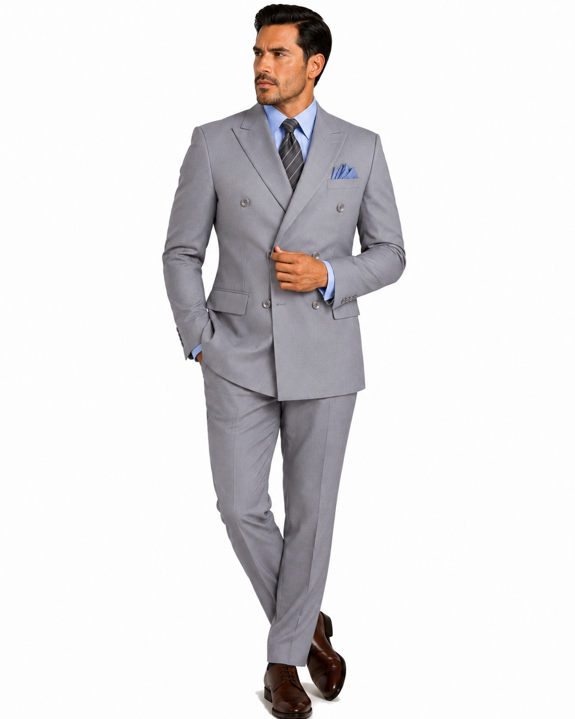Vinci Men Light Gray Solid Color Double Breasted Regular Fit Suit Elastic Waist