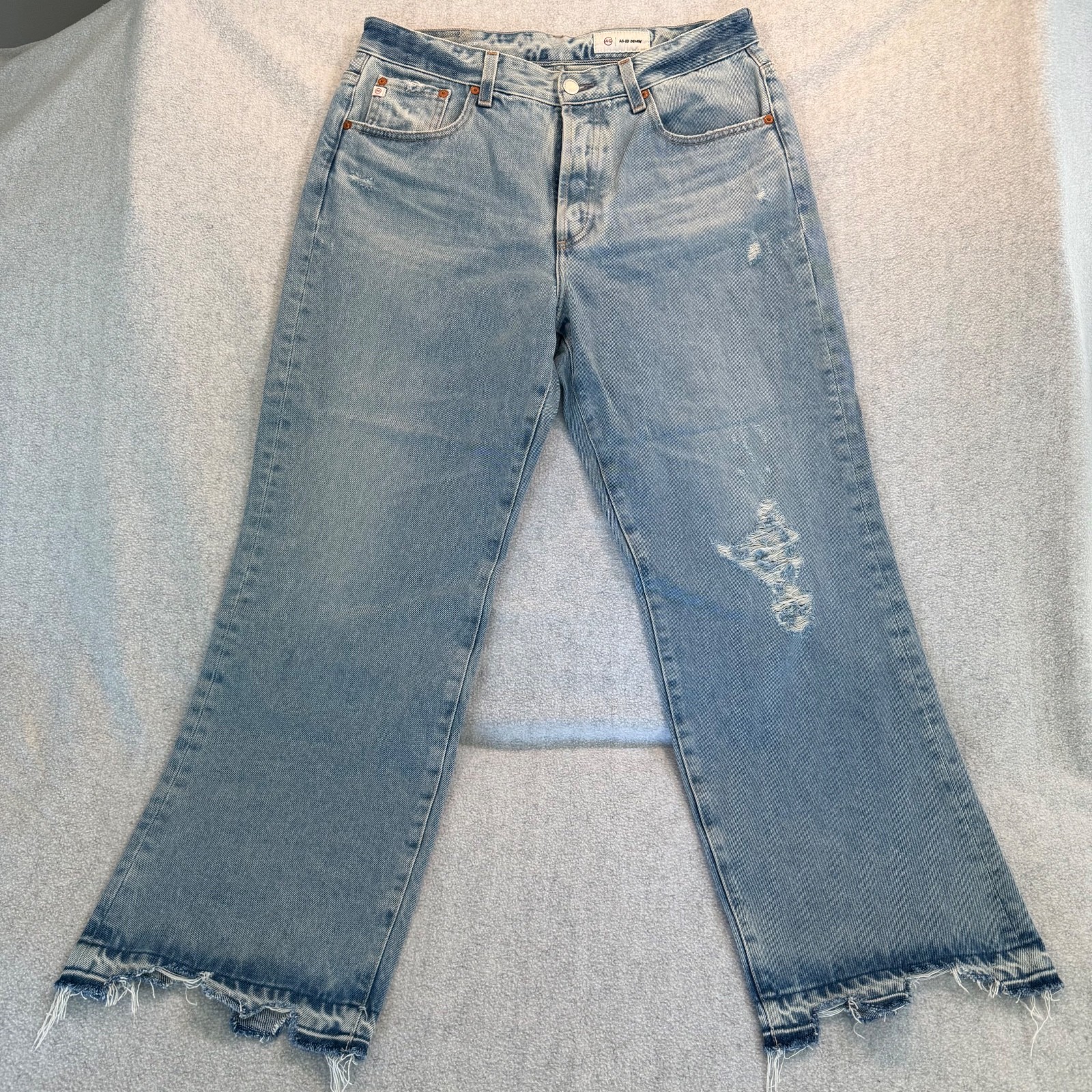 AG Kinsley Pop Crop Jeans Women’s 31R Light Wash Distressed Raw Hem Button Fly