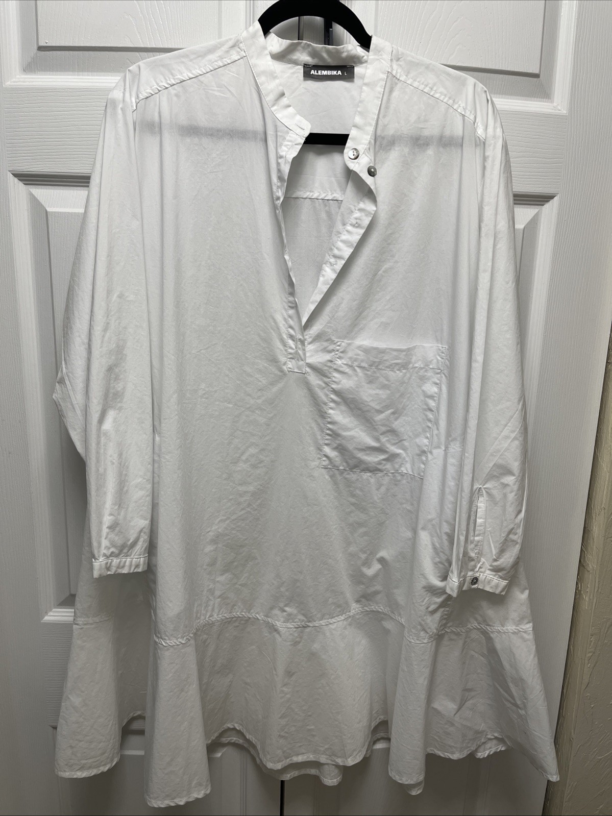ALEMBIKA WHITE Freedom Flounce LONG SLEEVE TUNIC TOP MADE IN ISRAEL Lg Nice
