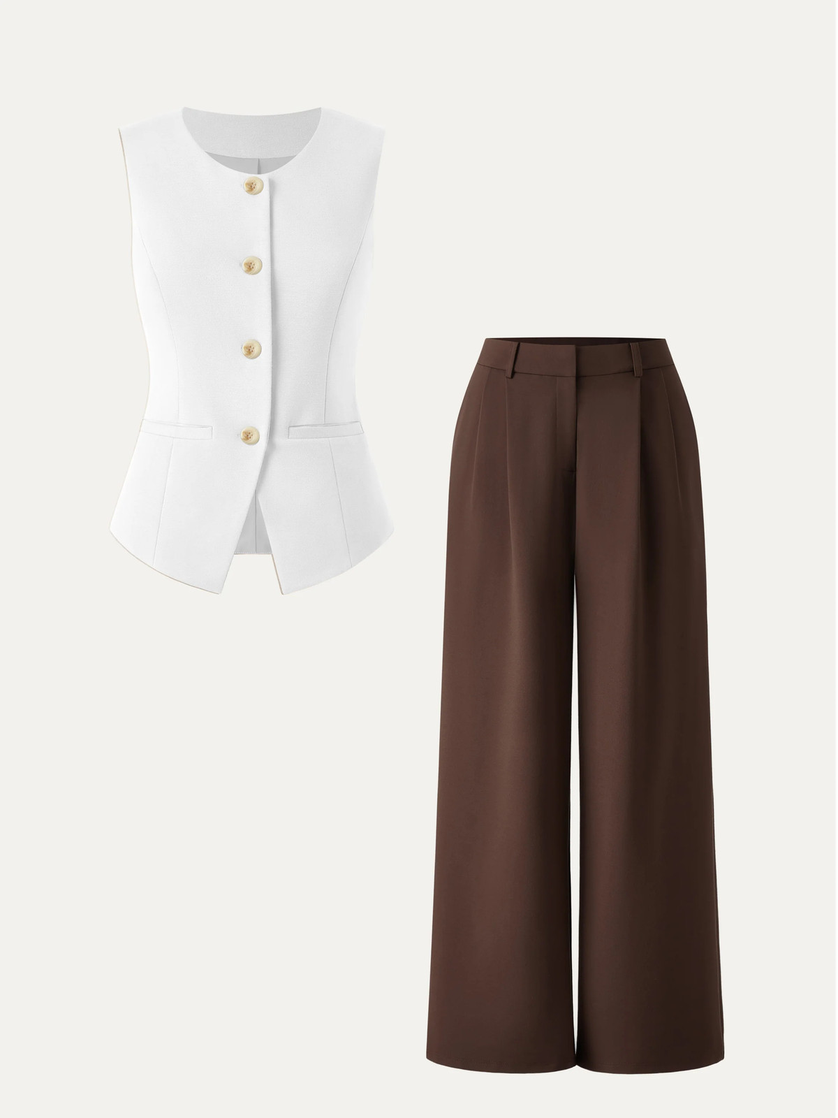 2Pcs Set Waistcoat with Pockets & Wide Leg Pant with Pockets