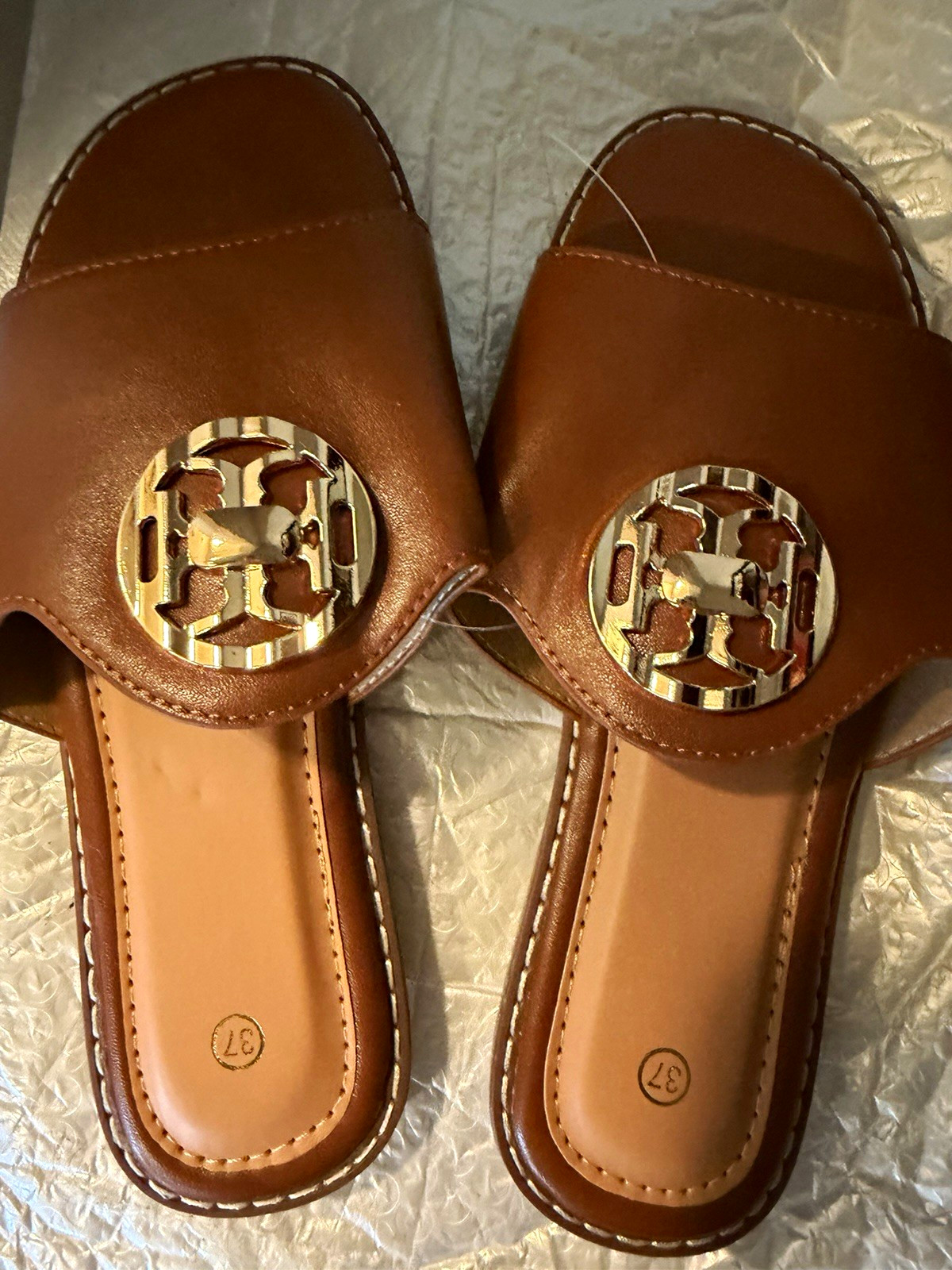 Tory Burch Brown Logo Slide Sandals Women’s US 7 Synthetic Upper Slip-On