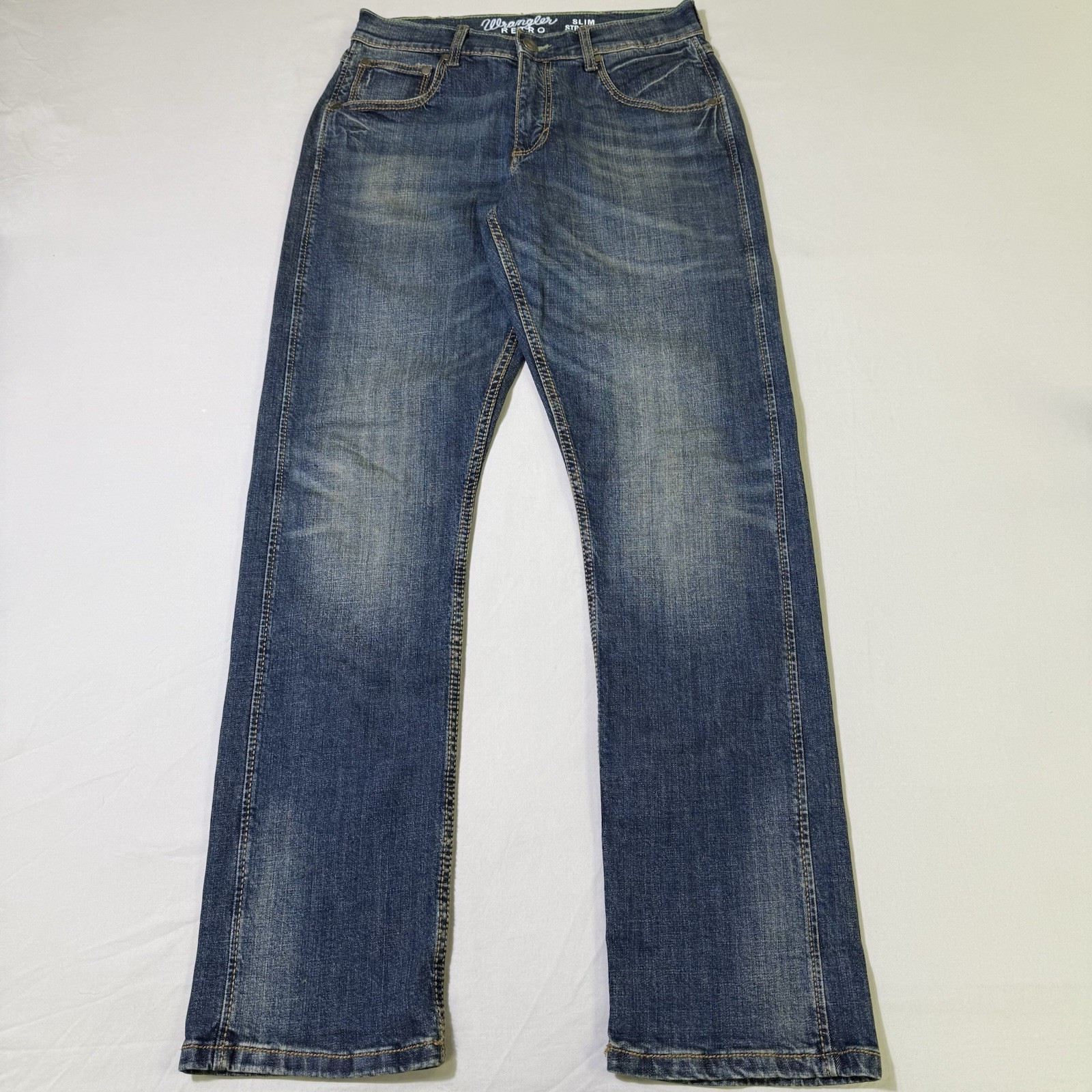 Wrangler Retro Jeans Mens 30×32 Blue Slim Straight Western Denim Pants Cowboy