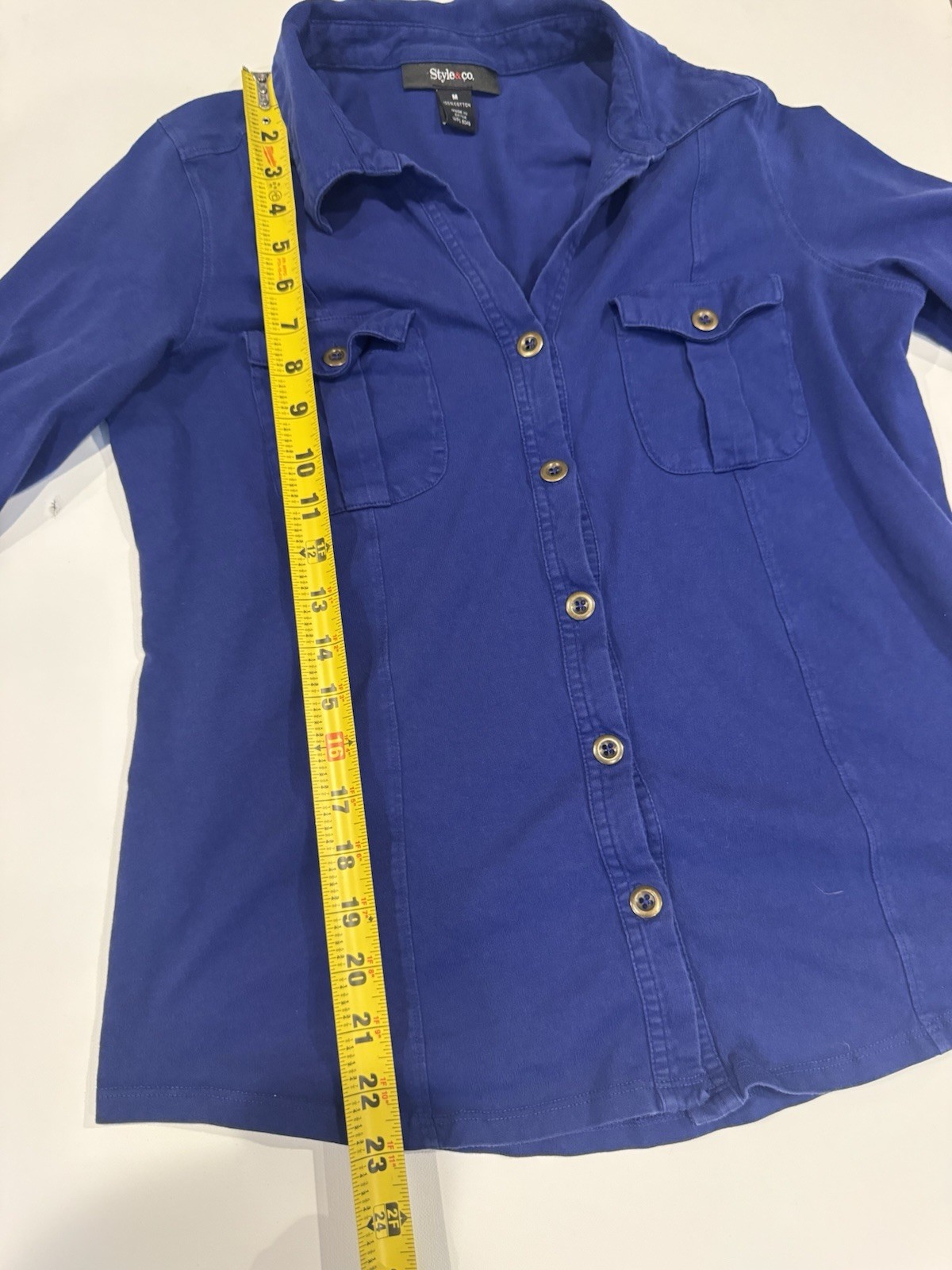 Style & Co. Women’s M Blue Solid Woven Cotton Collared Short Sleeve Button-Up