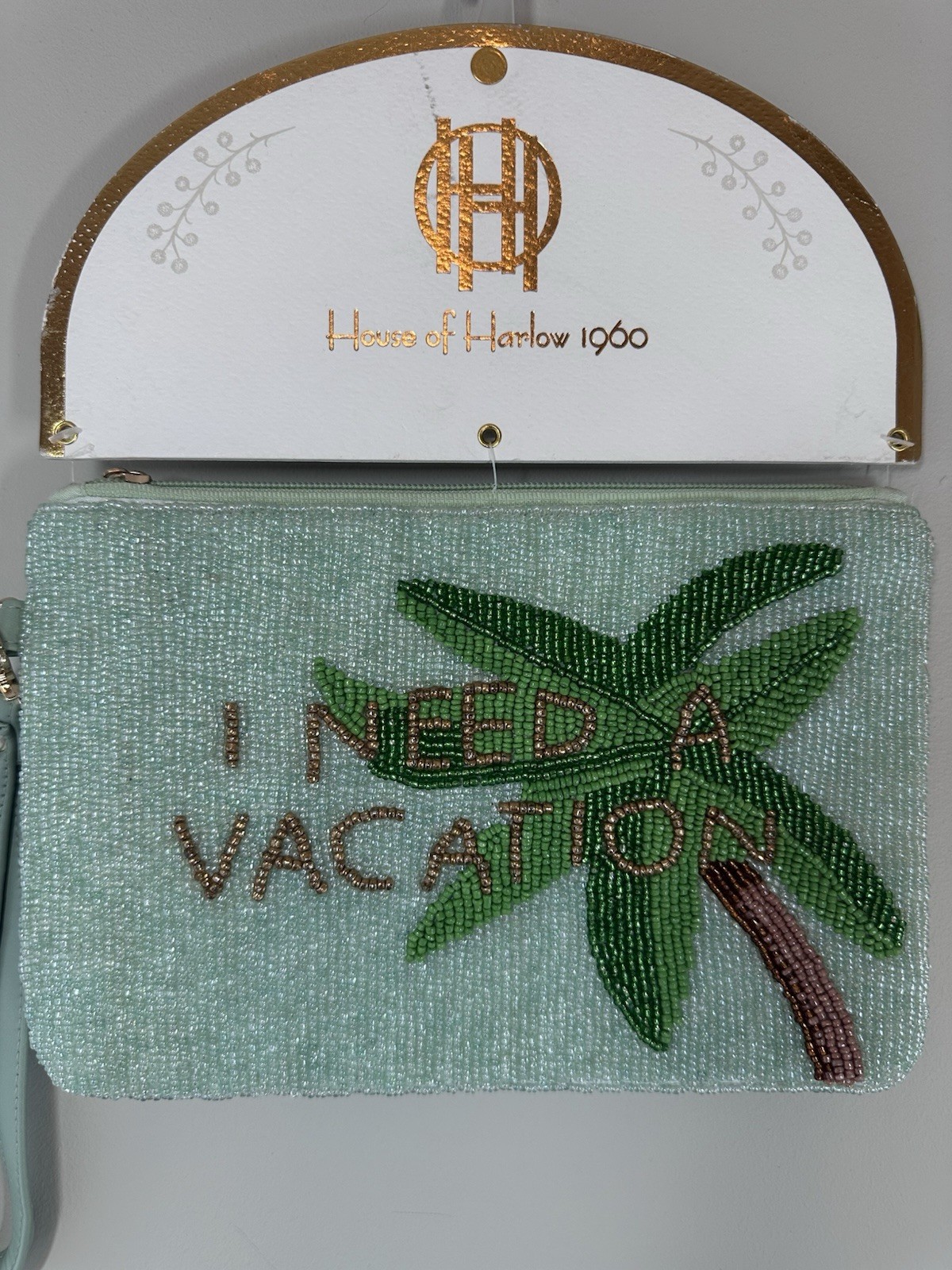House of Harlow 1960 Green Multi Beaded “I Need A Vacation” Palm Wristlet Zip