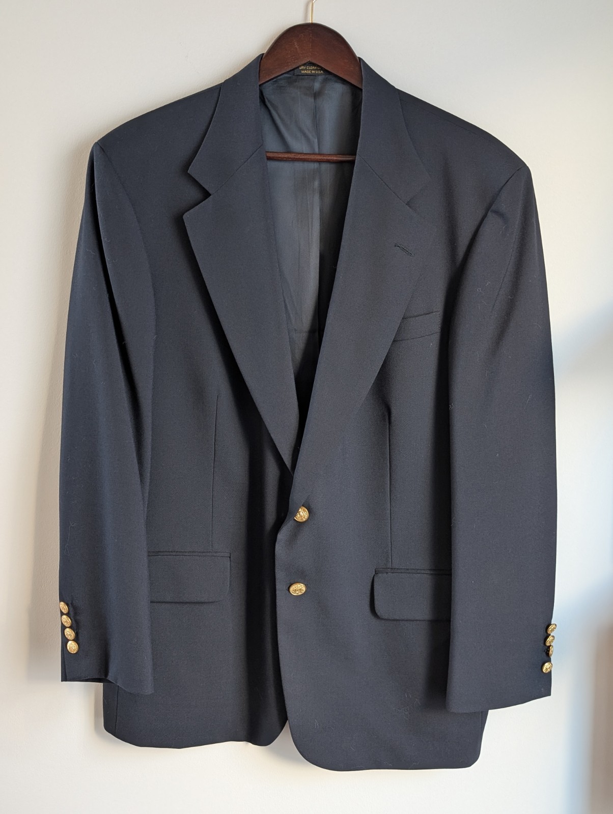 Vtg Deansgate Navy Blue Blazer 42R Hopsack Worsted Wool Gold Crest Buttons USA